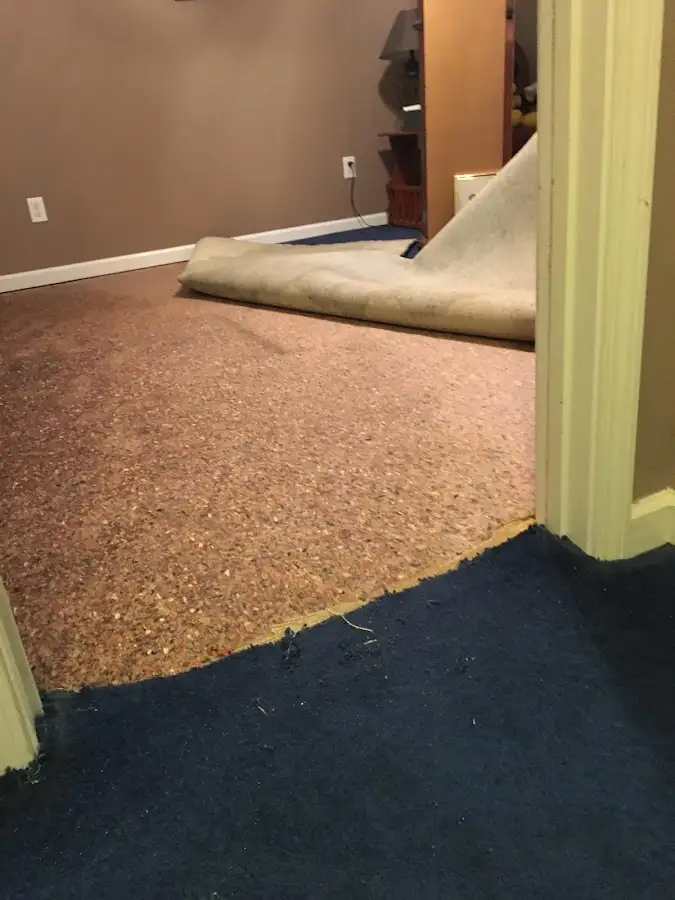 Carpet pad removal revealing water damage during Drying & Dehumidification in Waukee